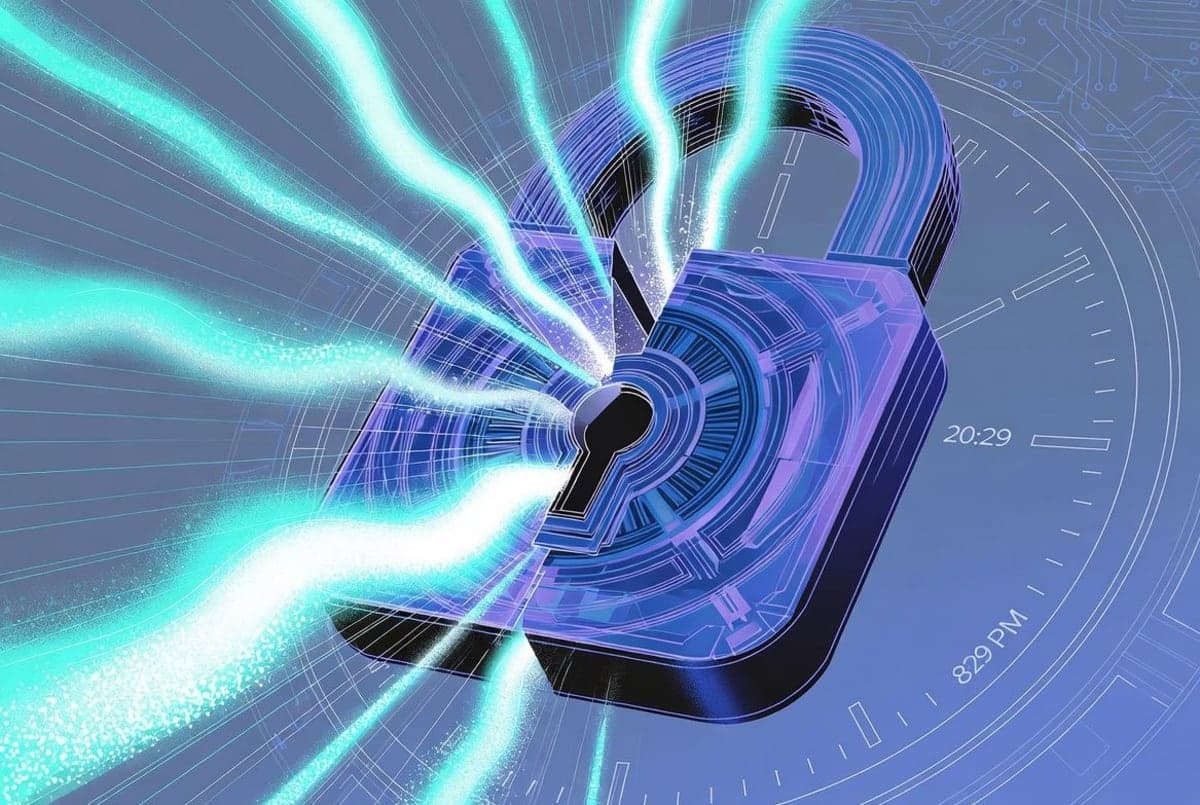 Abstract quantum computing circuitry with glowing cryptographic lock symbols transitioning from red to blue