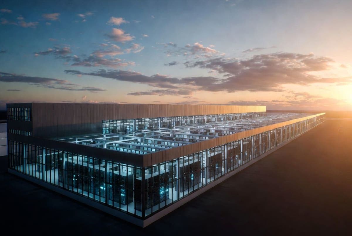 Rows of server racks inside a modern data center with blue LED lighting and cooling infrastructure