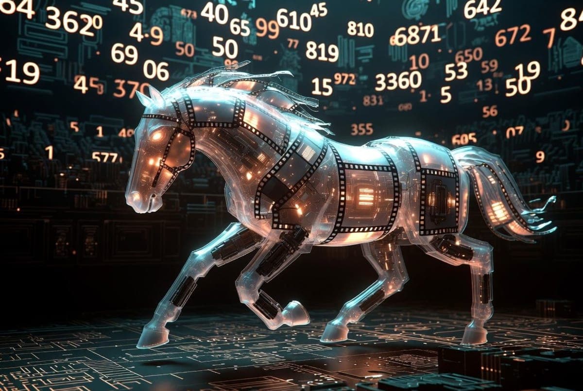 Abstract representation of a horse silhouette composed of flowing video frames and digital particles against a dark background