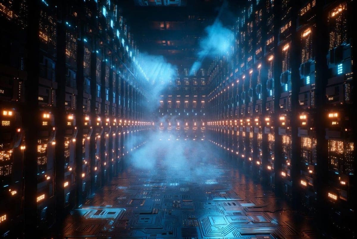 Abstract visualization of parallel computing architecture with interconnected nodes glowing in deep blue and amber tones