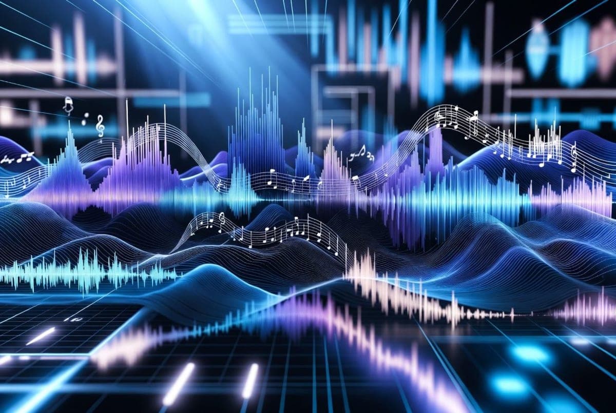 Abstract visualization of sound waves and musical notes being reshaped by AI, with layered frequency bands in blue and purple tones