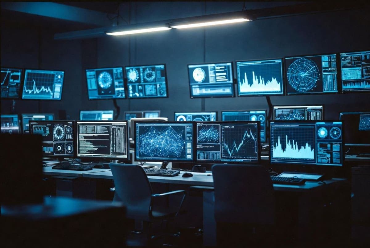 Abstract visualization of data streams flowing through a secure government facility, blue and dark tones