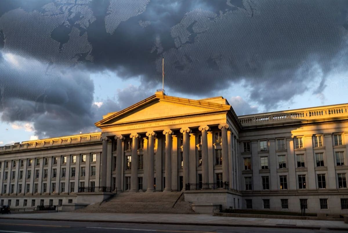 Treasury Department headquarters building in Washington D.C. with financial district skyline in background
