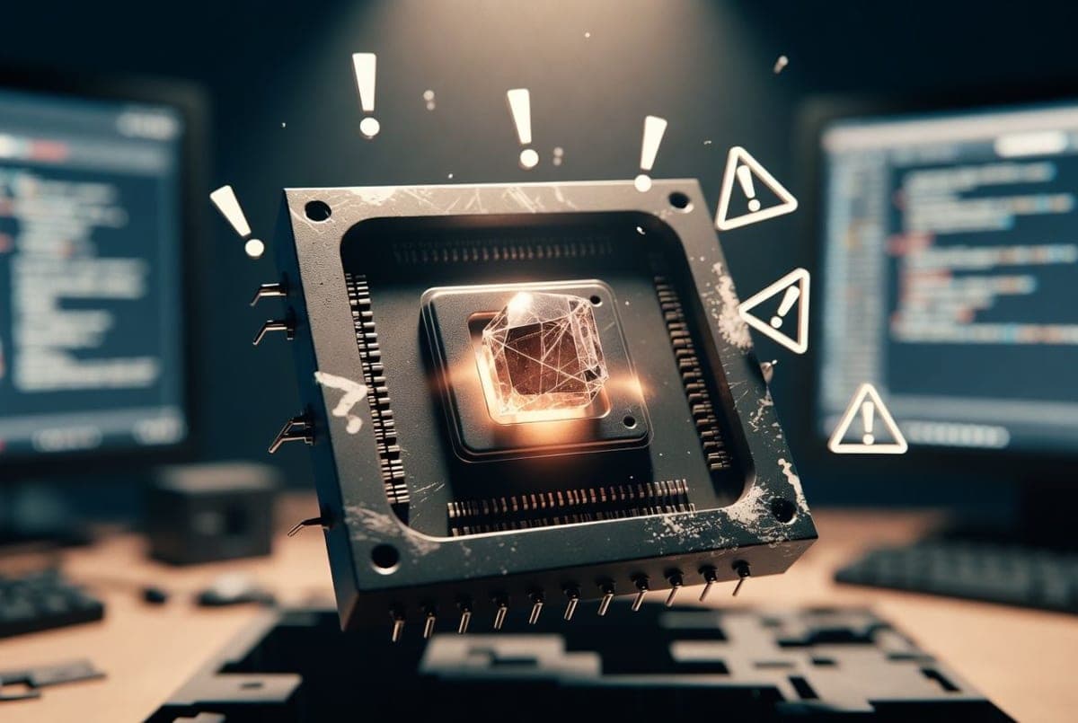 A software developer's screen showing error messages and warning indicators overlaid on a code editor interface