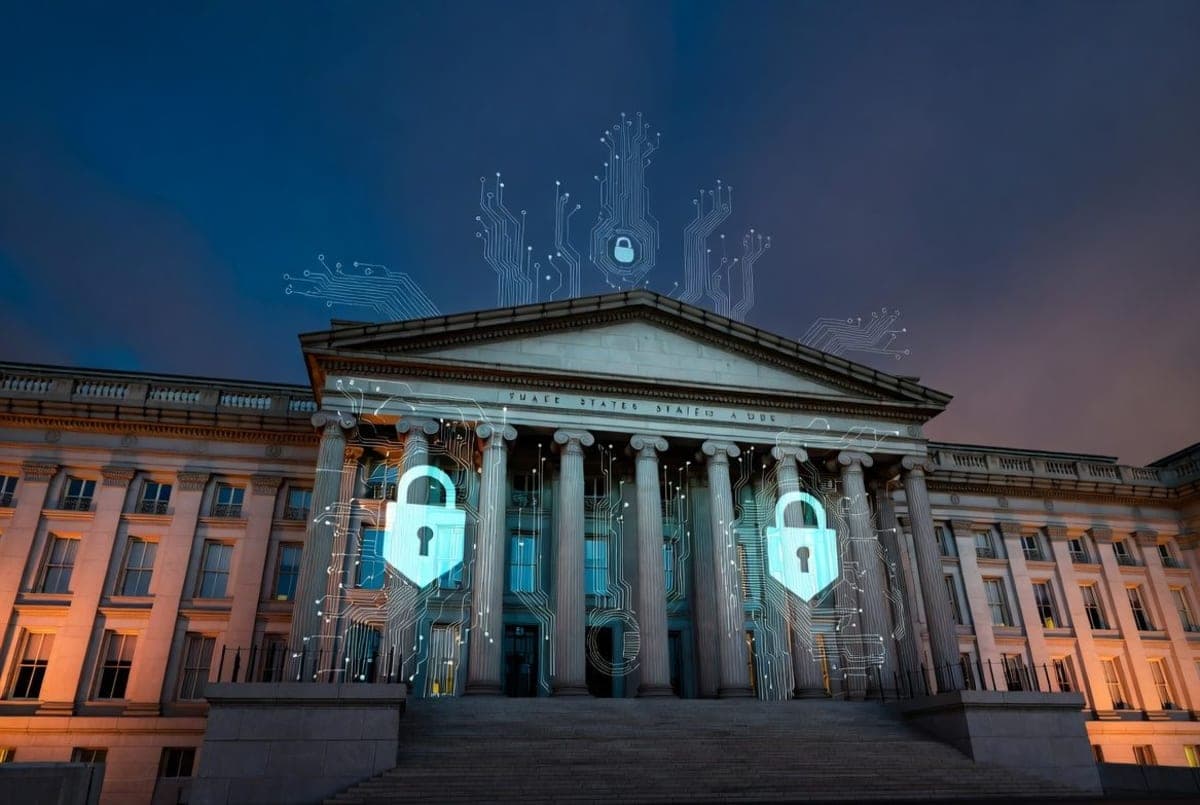 Federal Reserve and Treasury building facades overlaid with digital security grid patterns and AI neural network visualizations