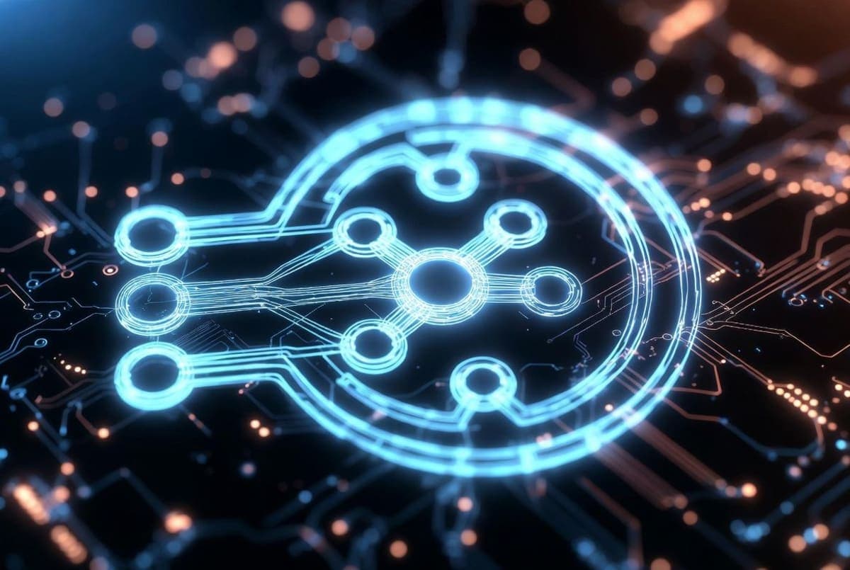 Abstract visualization of a neural network loop feeding back into itself, representing AI self-optimization