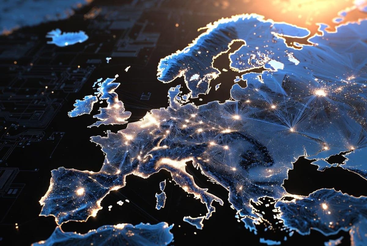 European Union flag overlaid with circuit board patterns and AI neural network nodes against a blue gradient background