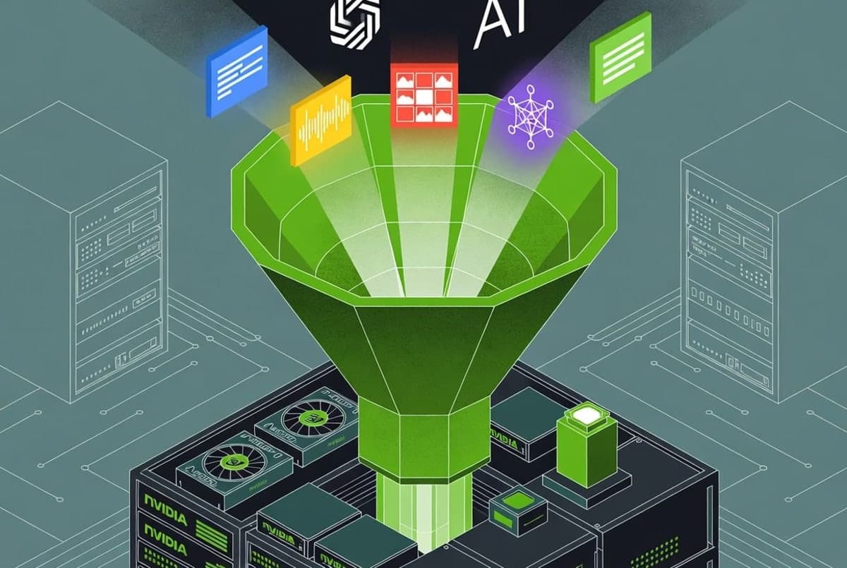 A server rack glowing green with NVIDIA branding, surrounded by floating API endpoint symbols and model name labels in a dark data center environment