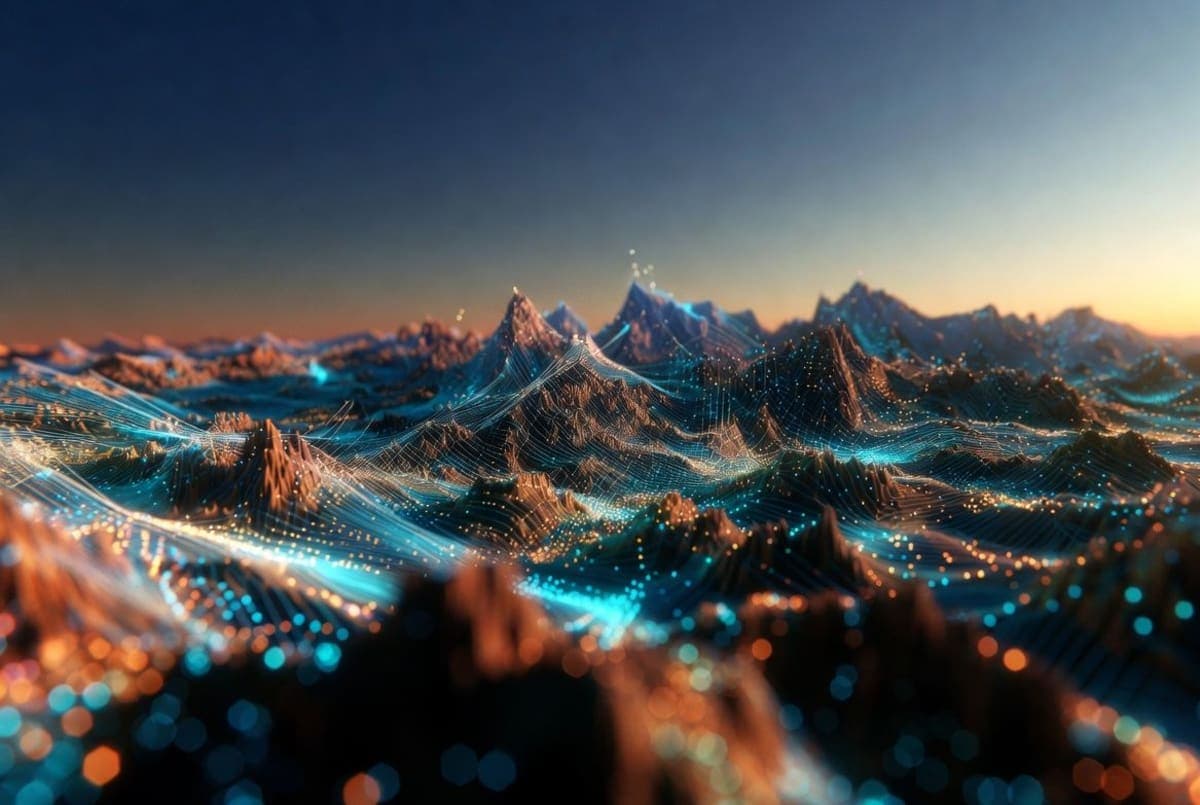 Abstract rendering of a procedurally generated 3D landscape emerging in real time from a consumer desktop GPU
