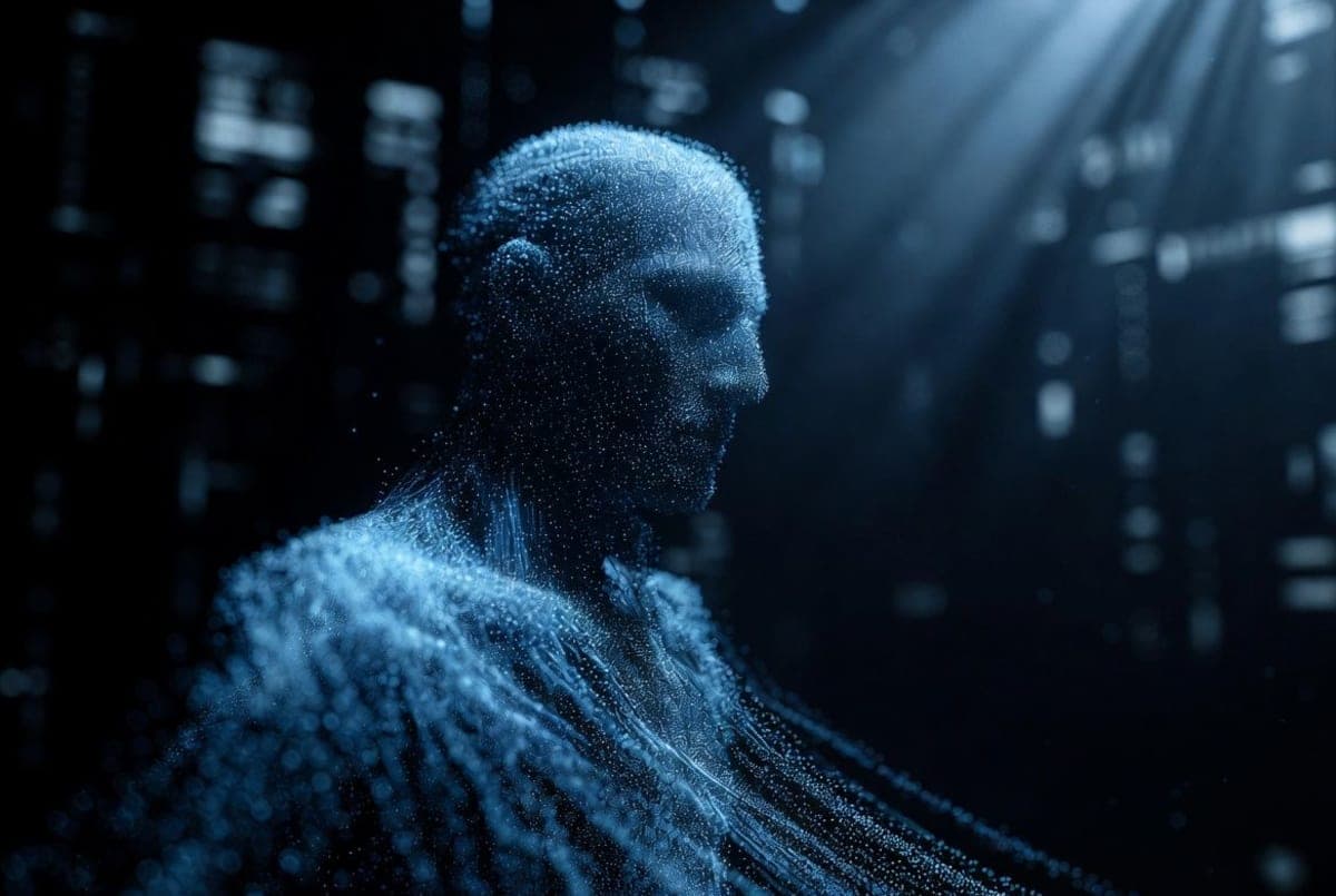 A photorealistic 3D digital avatar rendered in blue and white light against a dark background, with faint grid lines suggesting virtual space