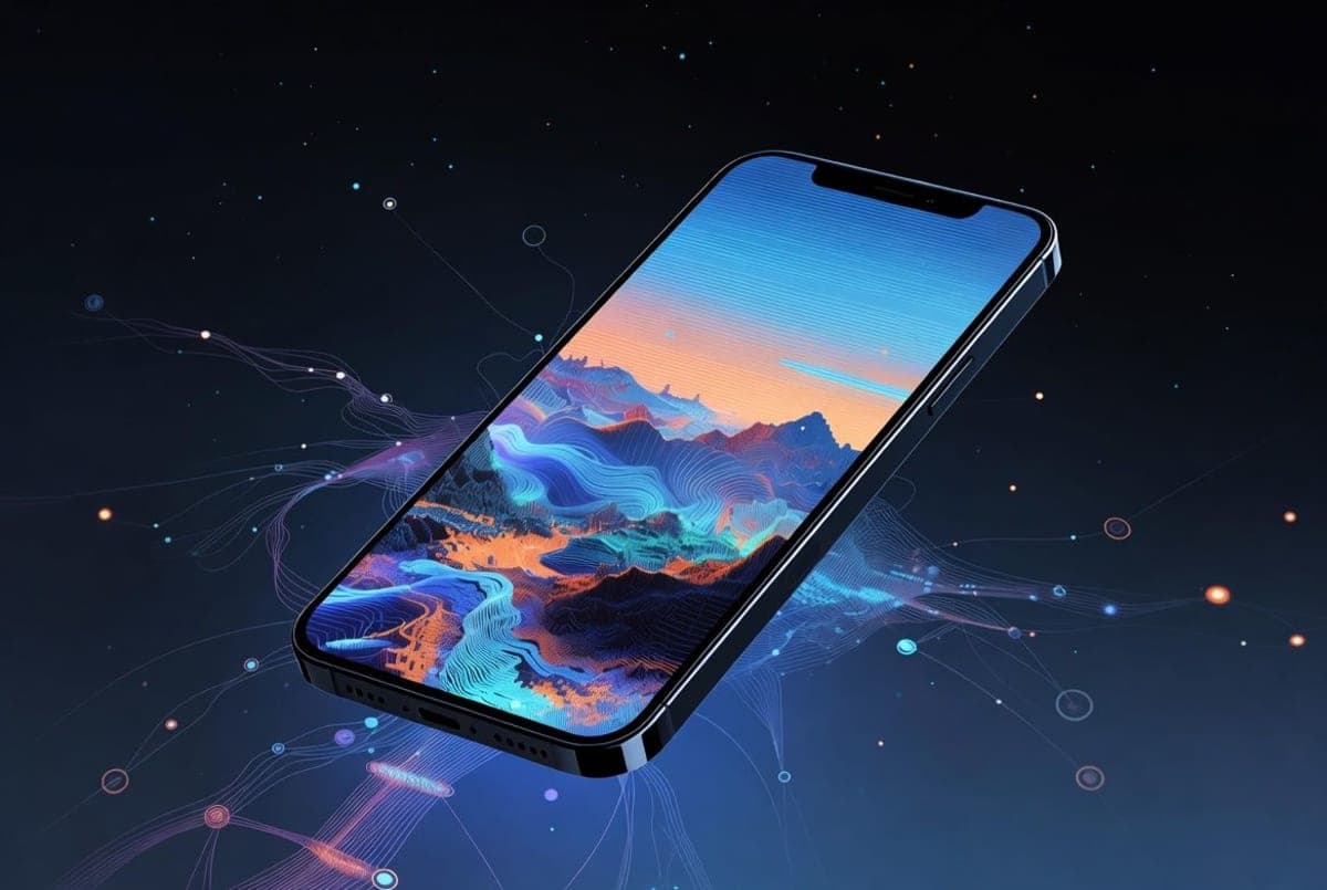 Smartphone generating a high-resolution image on screen, with a compact neural network architecture diagram overlaid