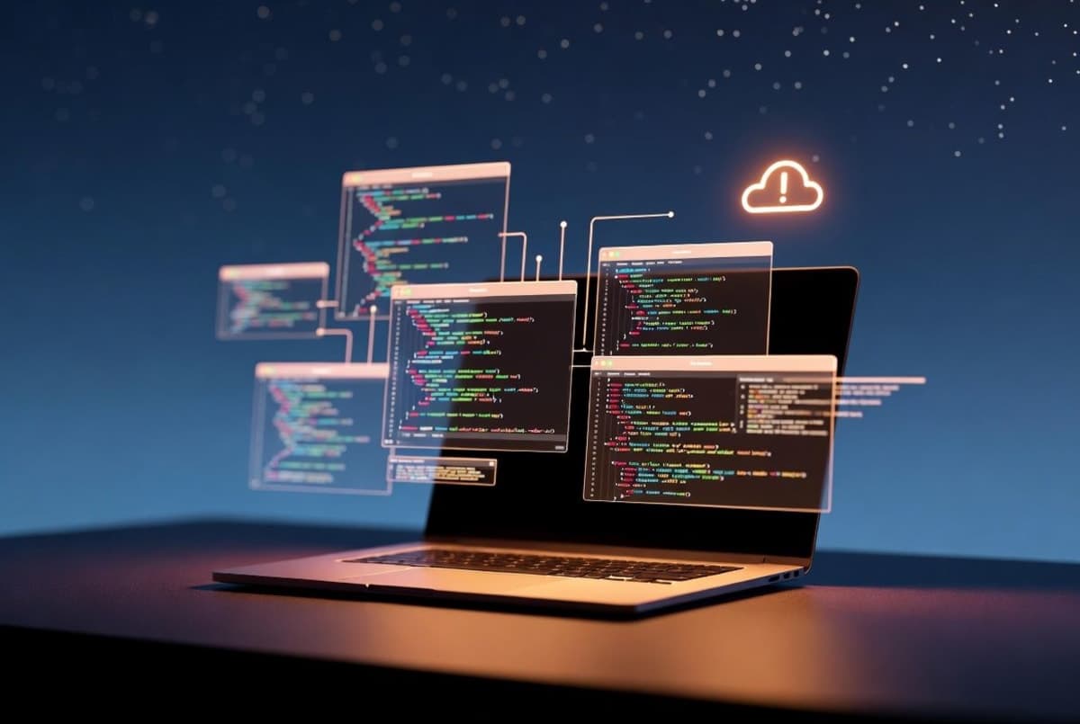 A terminal window showing automated code sessions running against a backdrop of cloud infrastructure, with a status indicator flickering between green and amber