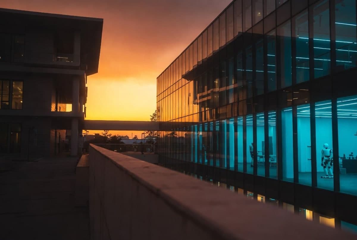 Aerial view of Shenzhen's tech district skyline at dusk with illuminated skyscrapers and research campuses