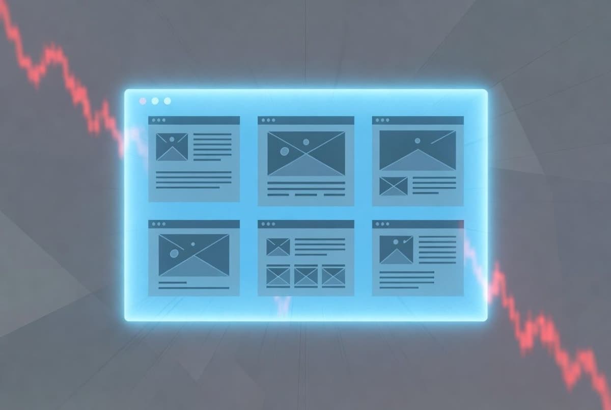 Abstract visualization of AI-generated website layouts and presentation slides emerging from a chat interface, with stock ticker overlays showing declining prices