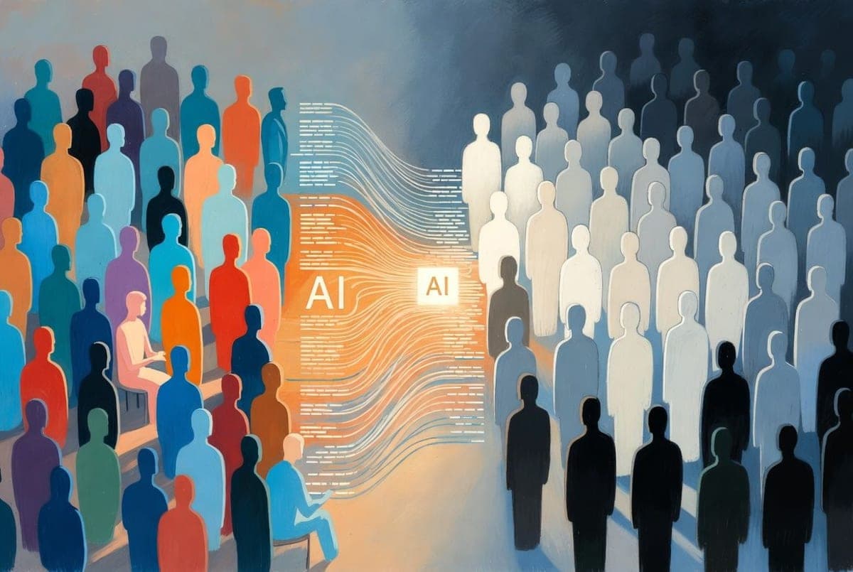 Abstract visualization of diverse human silhouettes gradually merging into a single uniform shape, with faint digital text patterns overlaying the figures