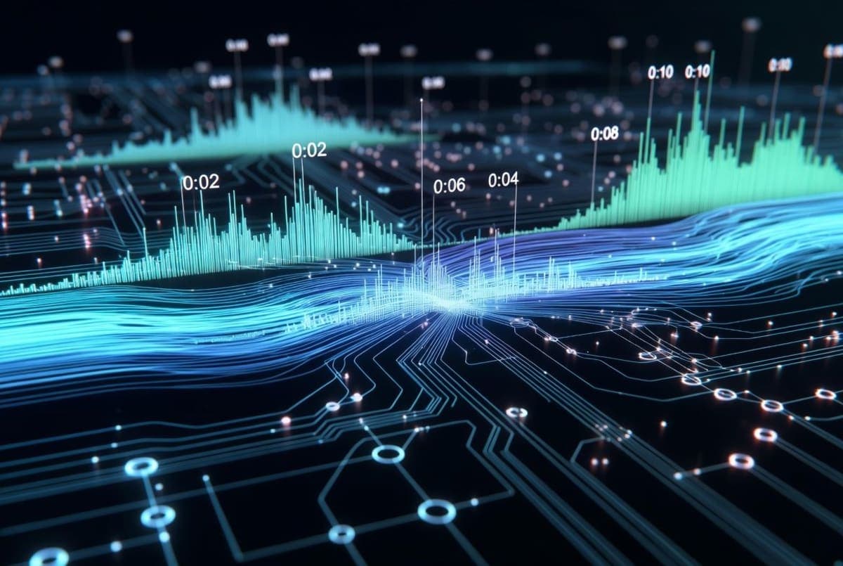 Abstract visualization of audio waveforms being analyzed by a neural network, with temporal markers along a spectrogram