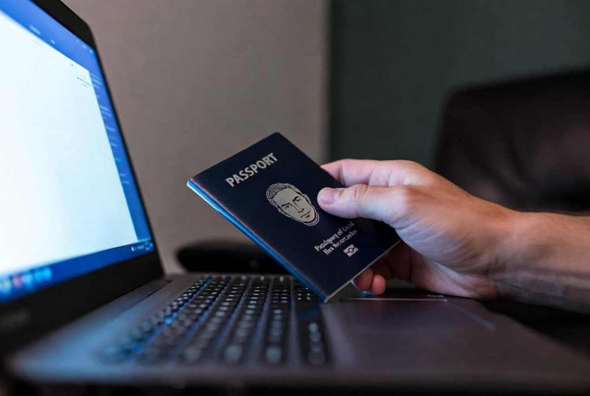 A passport being scanned next to a laptop screen showing an AI chatbot interface