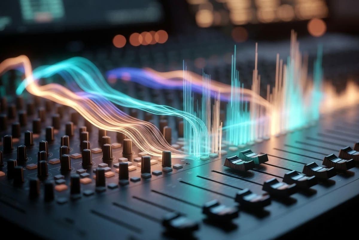 Abstract waveform visualization representing AI-generated speech with colorful audio frequency patterns