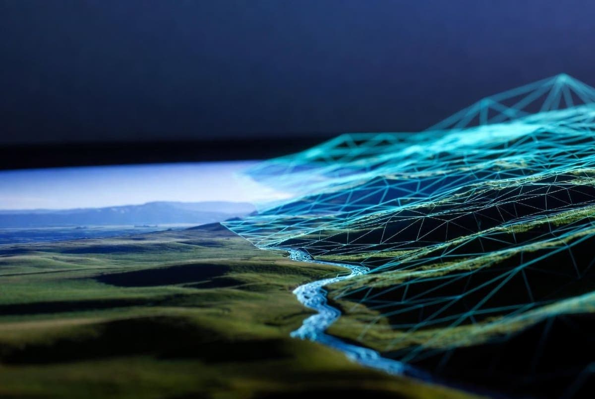 Abstract 3D environment generated from a single photograph, showing navigable architecture with Gaussian splat rendering