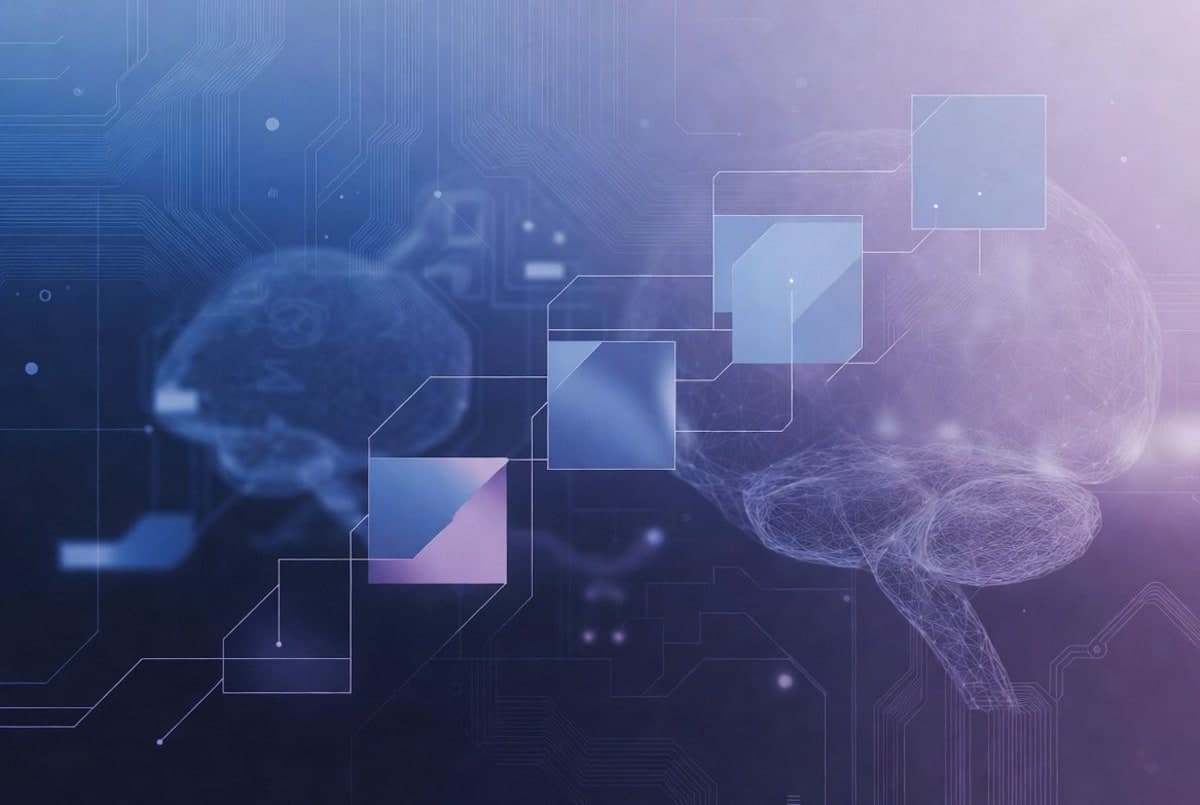 Abstract editorial illustration representing an iterative AI model upgrade with gradient geometric shapes