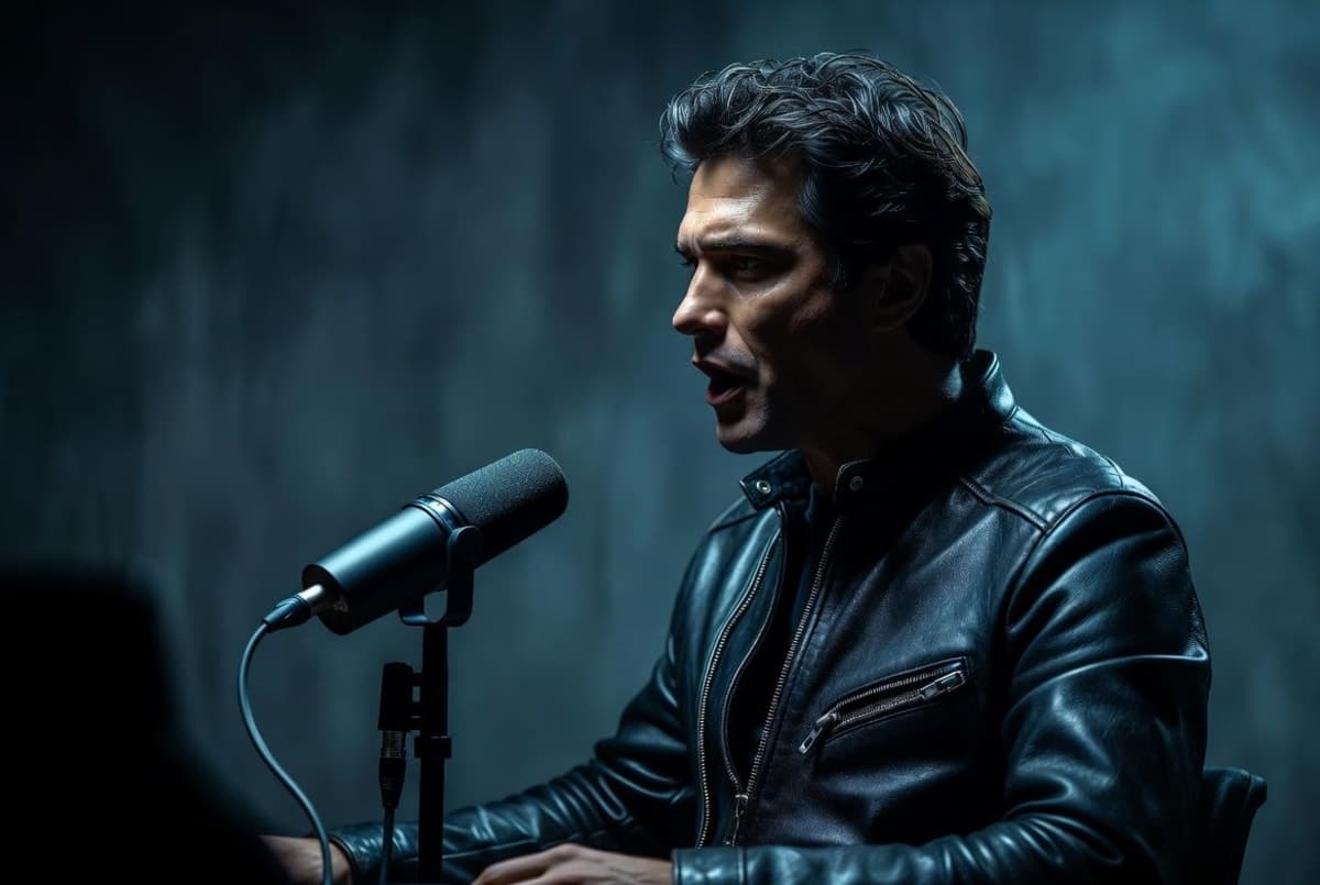 Jensen Huang speaking in a dark blue setting, gesturing with hands during a podcast interview