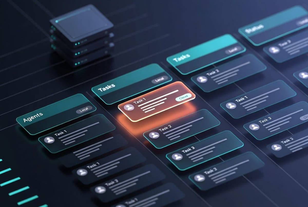 Developer workspace showing a Kanban board of AI coding agents arranged by status, with a laptop and cloud server in the background