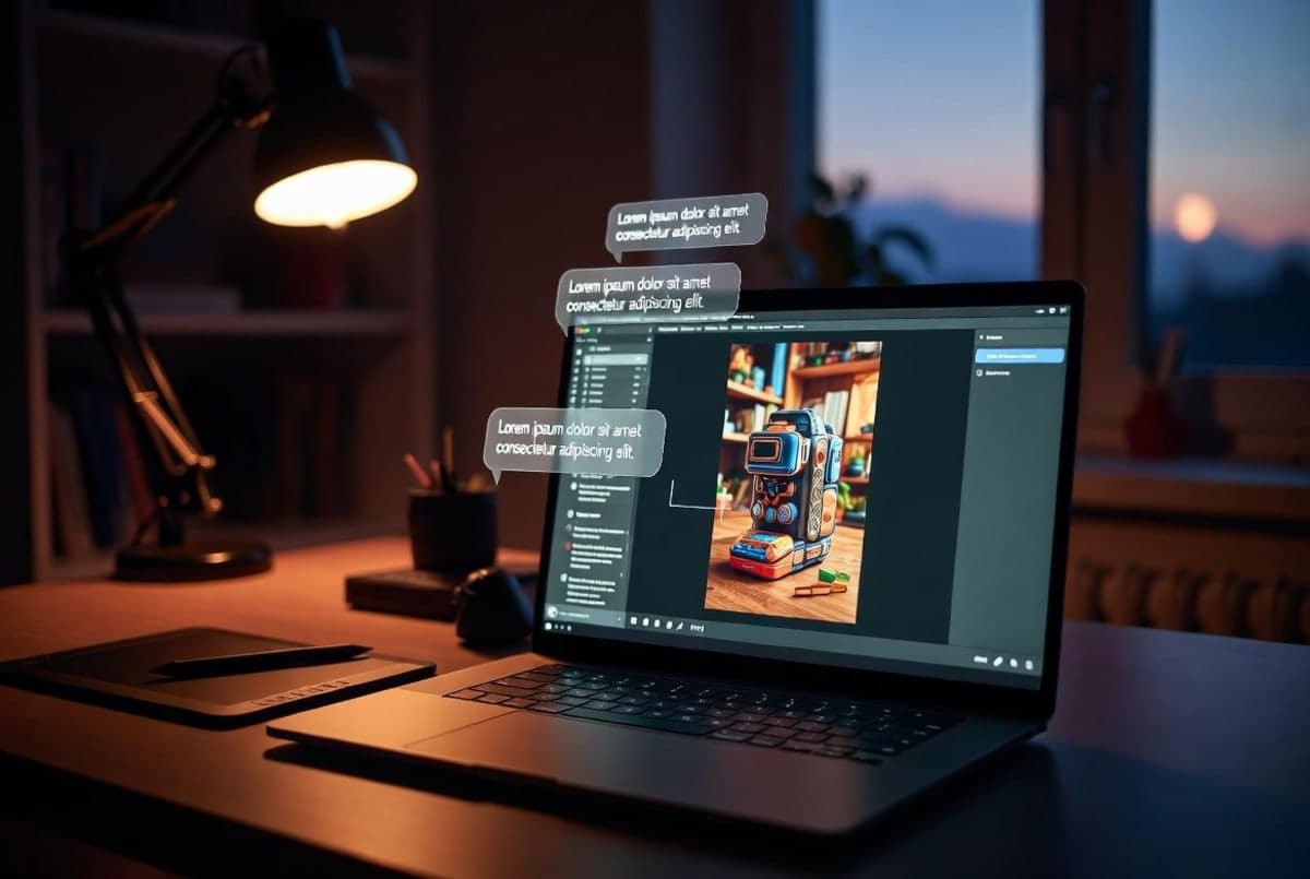 Laptop displaying Adobe Firefly interface with conversational prompt field and creative workspace