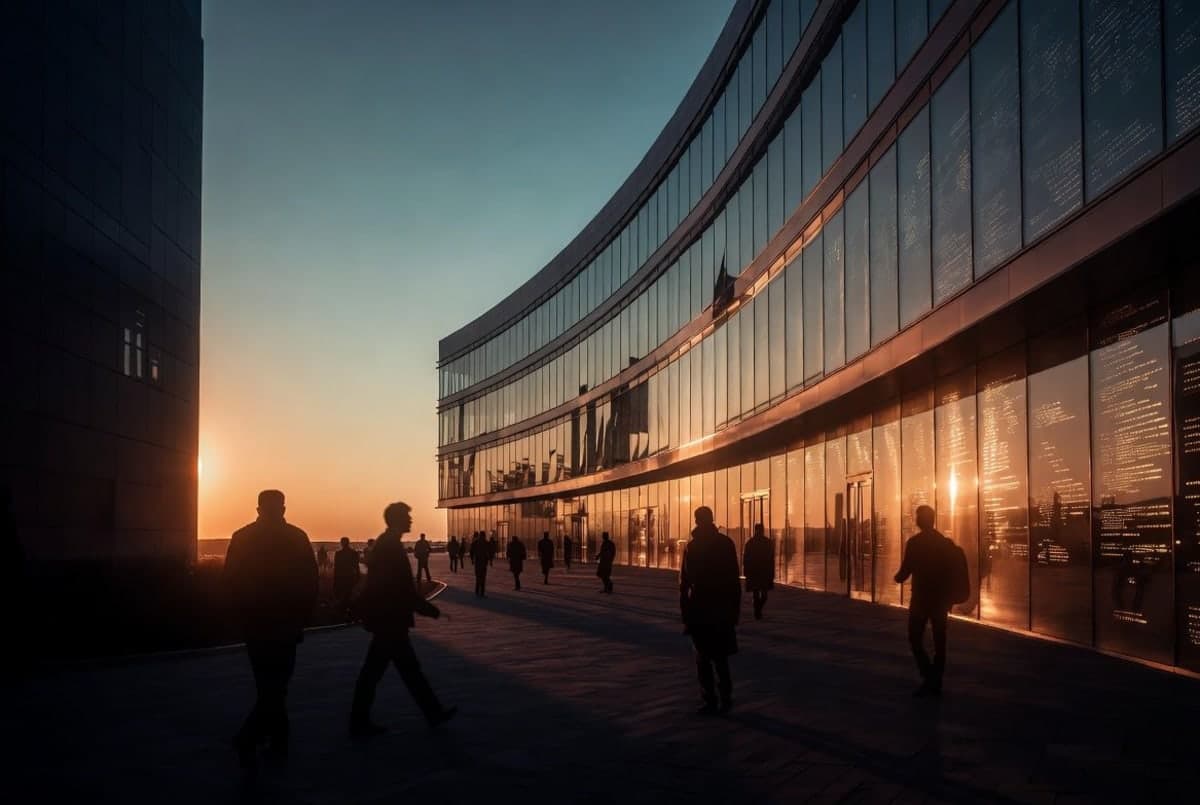 Apple Park campus at dusk with figures walking toward a glass-walled office building, warm exterior lighting