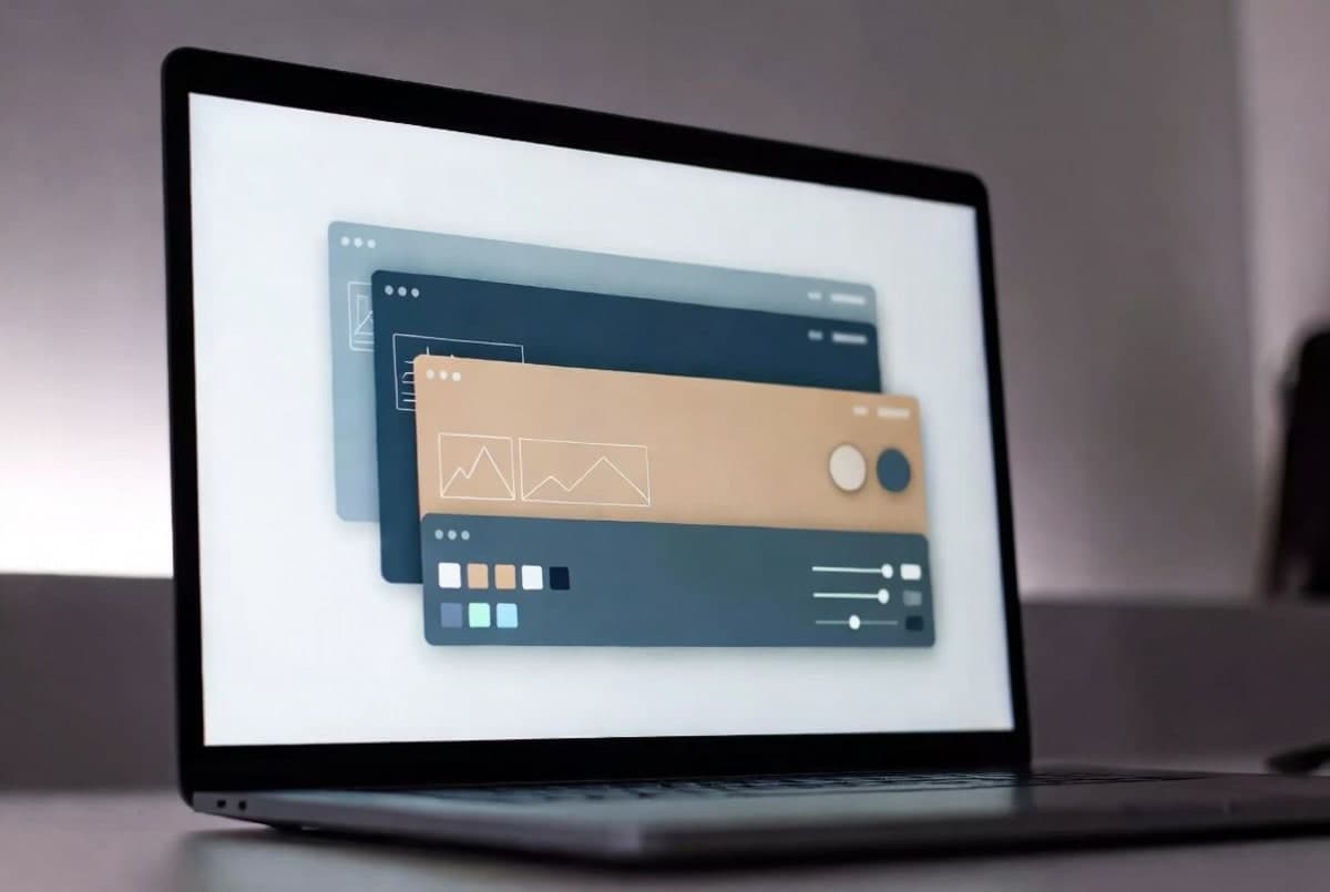Laptop screen showing a wireframe prototype with color swatches and adjustment sliders arranged around it in a minimal workspace