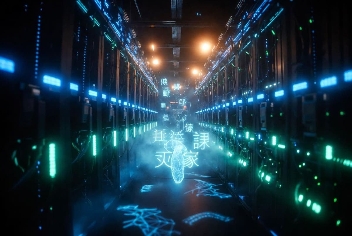 DeepSeek logo on a smartphone screen with stylized servers and binary data in the background, suggesting AI infrastructure