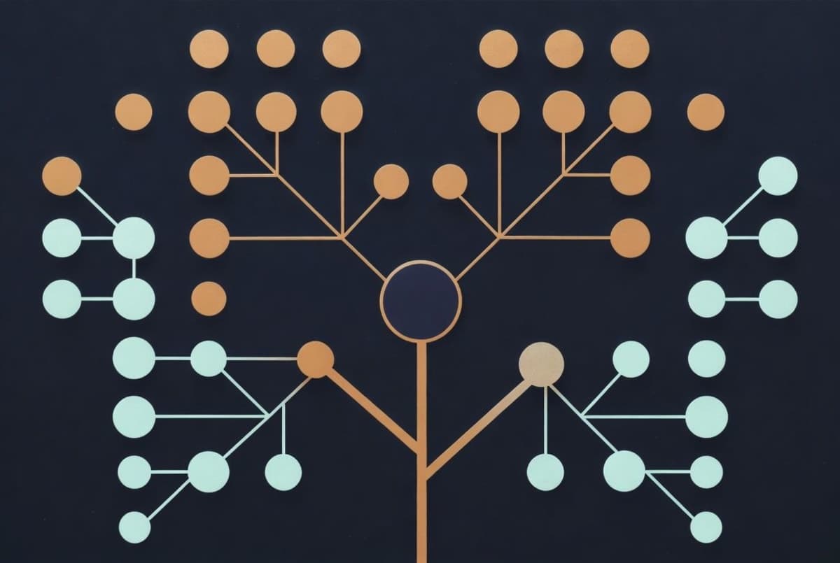 Abstract visualization of a branching hierarchical taxonomy tree with interconnected data nodes representing synthetic dataset generation