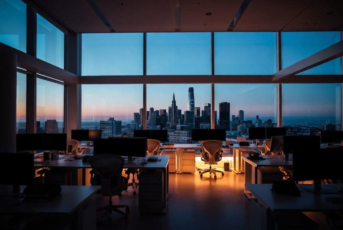 OpenAI logo displayed on a building exterior at dusk, suggesting corporate transition