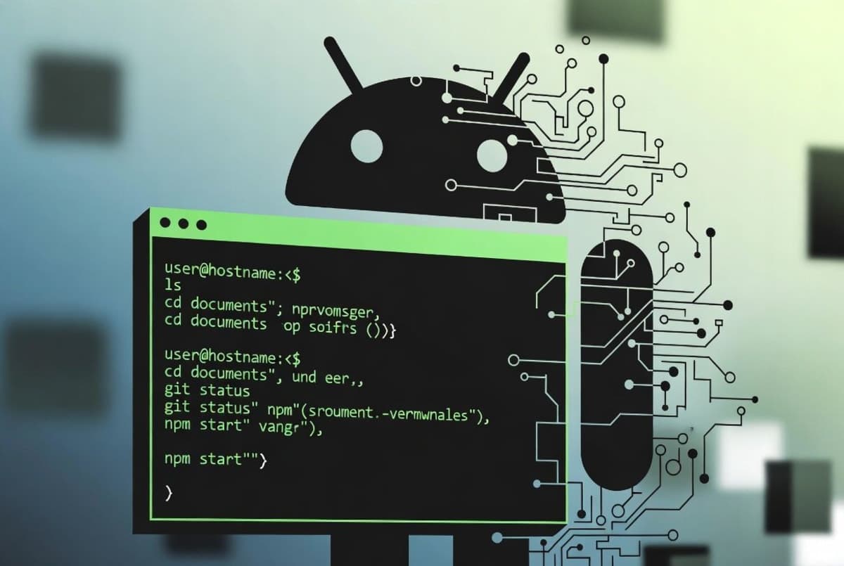 Terminal window showing Android CLI command output with Android robot mascot in background