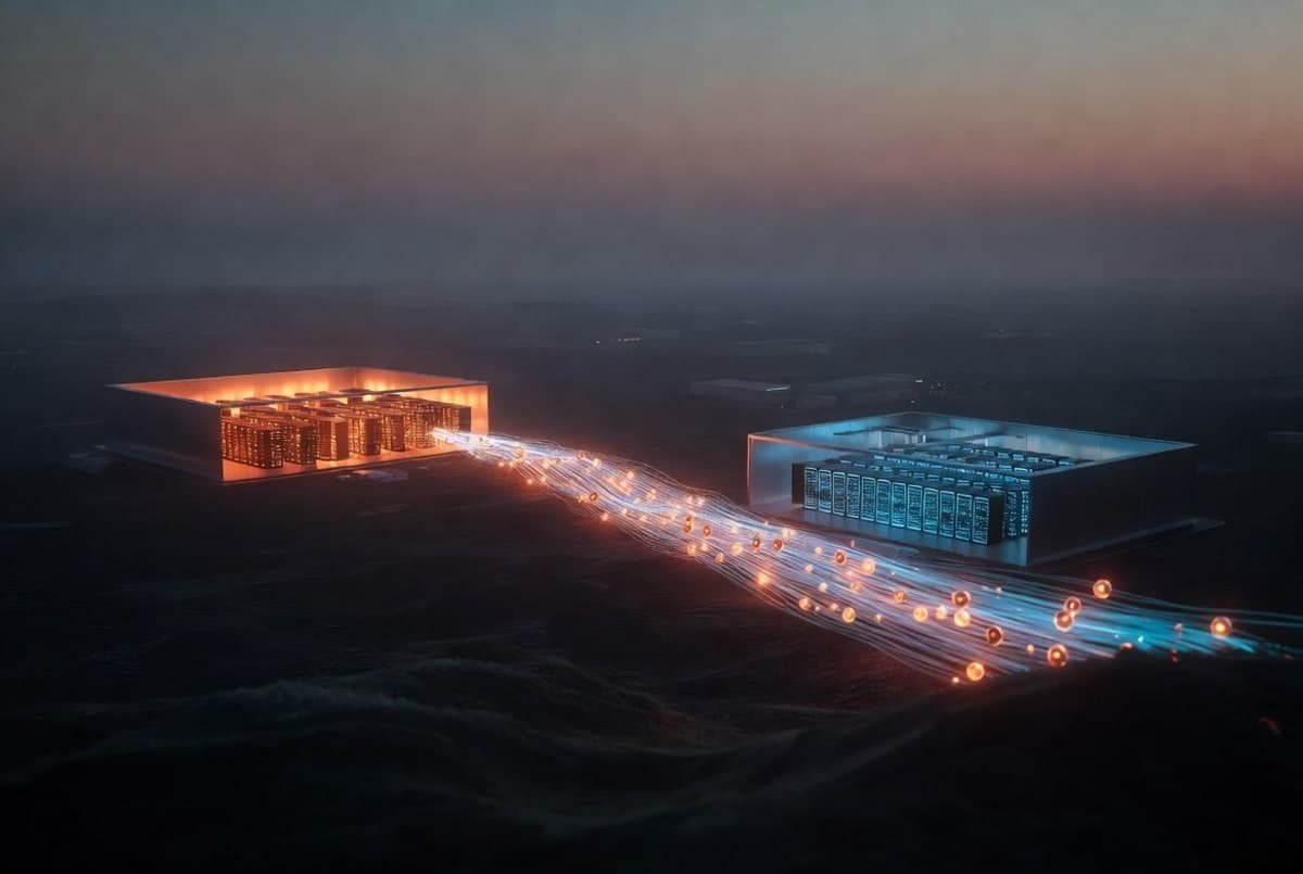 Two datacenters connected by a glowing fiber link carrying streams of cached data between GPU racks