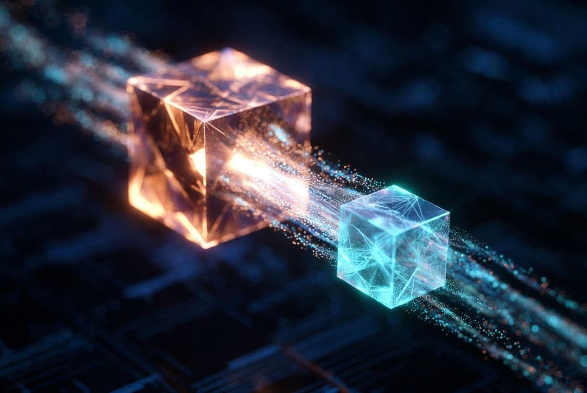 Abstract visualization of neural network knowledge transfer between two language models