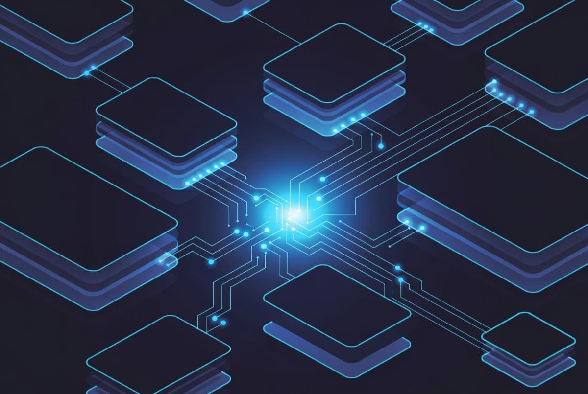Abstract illustration of isolated compute containers connected to an AI orchestration layer, representing sandbox architecture