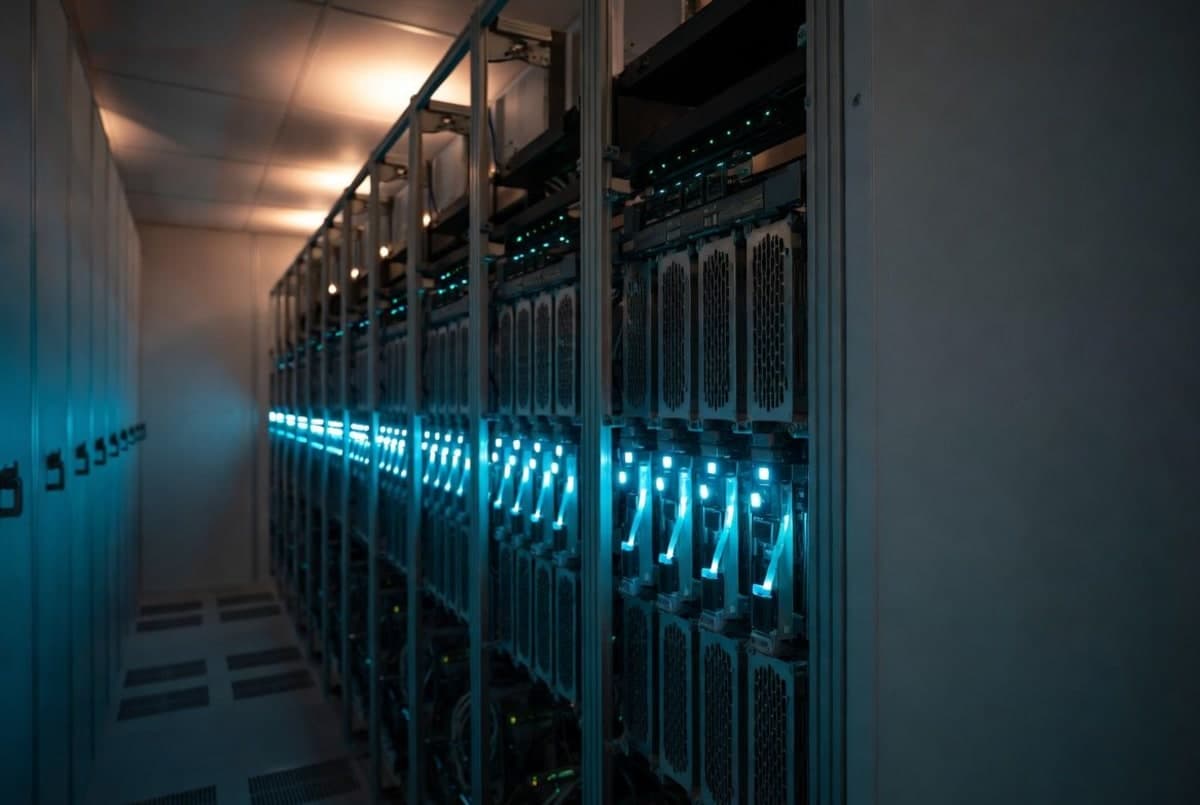Enterprise server rack with glowing blue GPU indicators inside a secure data center