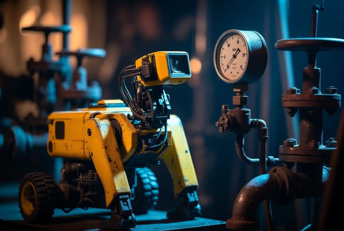 A quadruped robot inspecting an industrial pressure gauge in a facility corridor