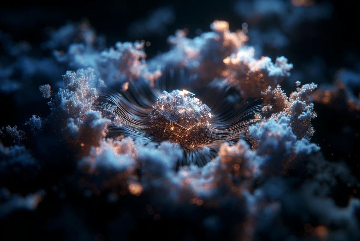 Abstract visualization of a small, dense neural core surrounded by external memory storage