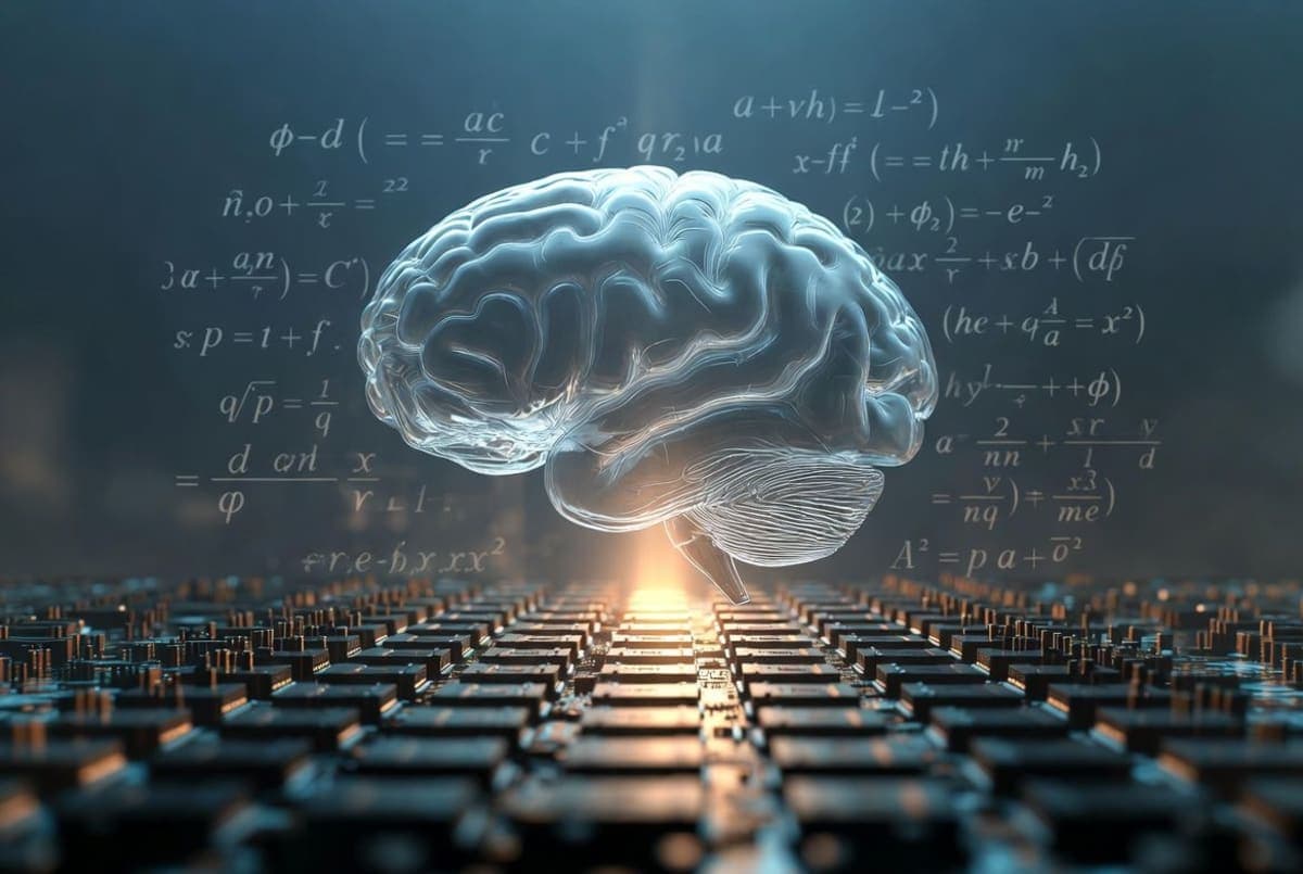 Abstract conceptual illustration of a transparent glass brain floating above rows of silicon chips, dim blue lighting