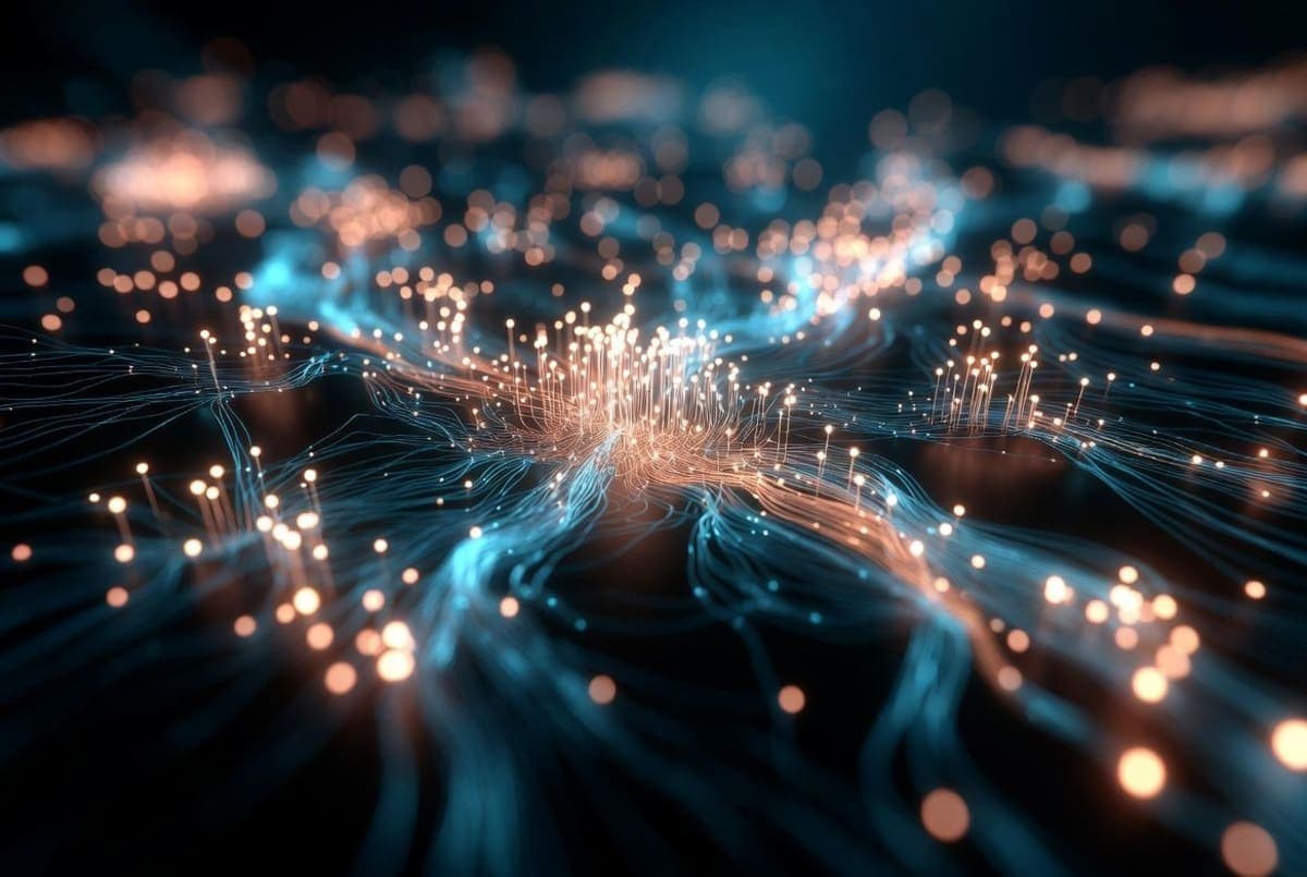 Abstract network of small glowing nodes organized into parallel swarm clusters, representing coordinated AI agents