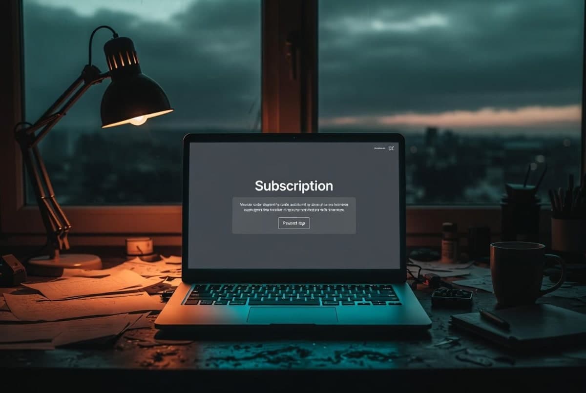 A laptop on a developer's desk at dusk shows a grayed-out GitHub Copilot subscription page, coffee cup and scattered notes in soft focus