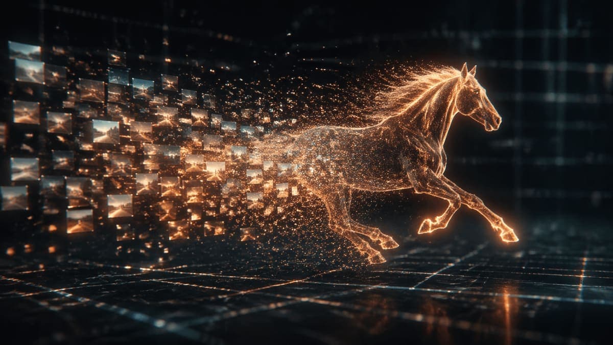 Abstract digital illustration of a glowing horse silhouette against a data stream backdrop, representing an AI video generation model