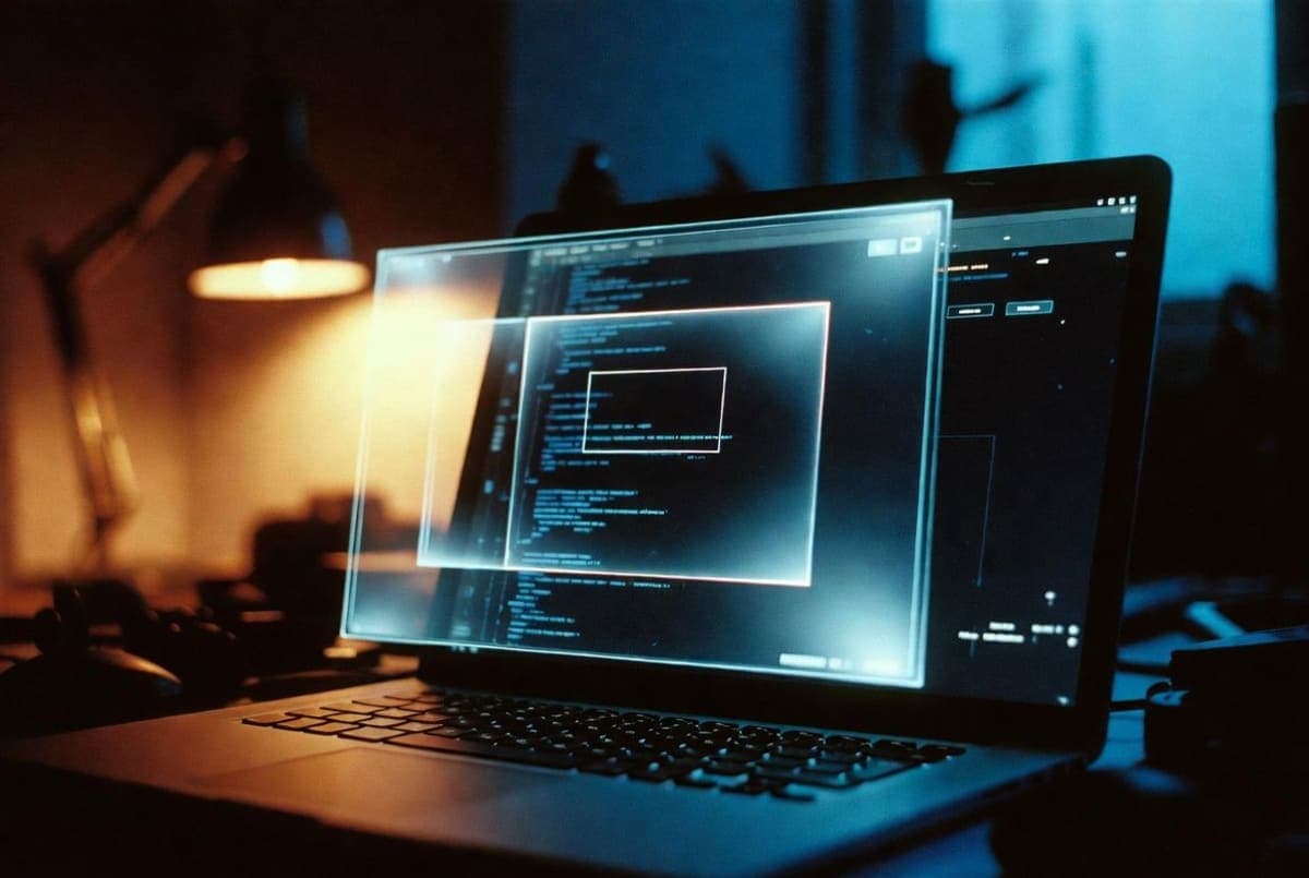 A MacBook display in a dim workspace with overlapping translucent screenshot frames hovering above code and browser windows