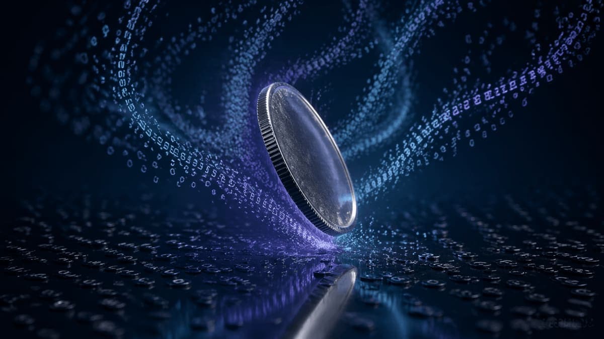 Abstract visualization of a coin flipping above rows of glowing text tokens on a dark surface
