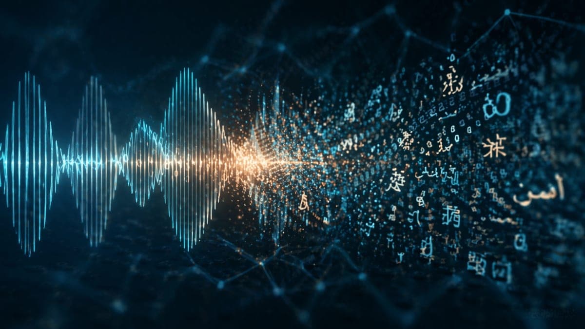 Abstract visualization of multilingual sound waves converging into text across different writing systems