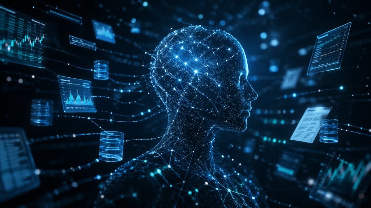 Abstract representation of an autonomous AI research agent processing multiple data streams and generating charts