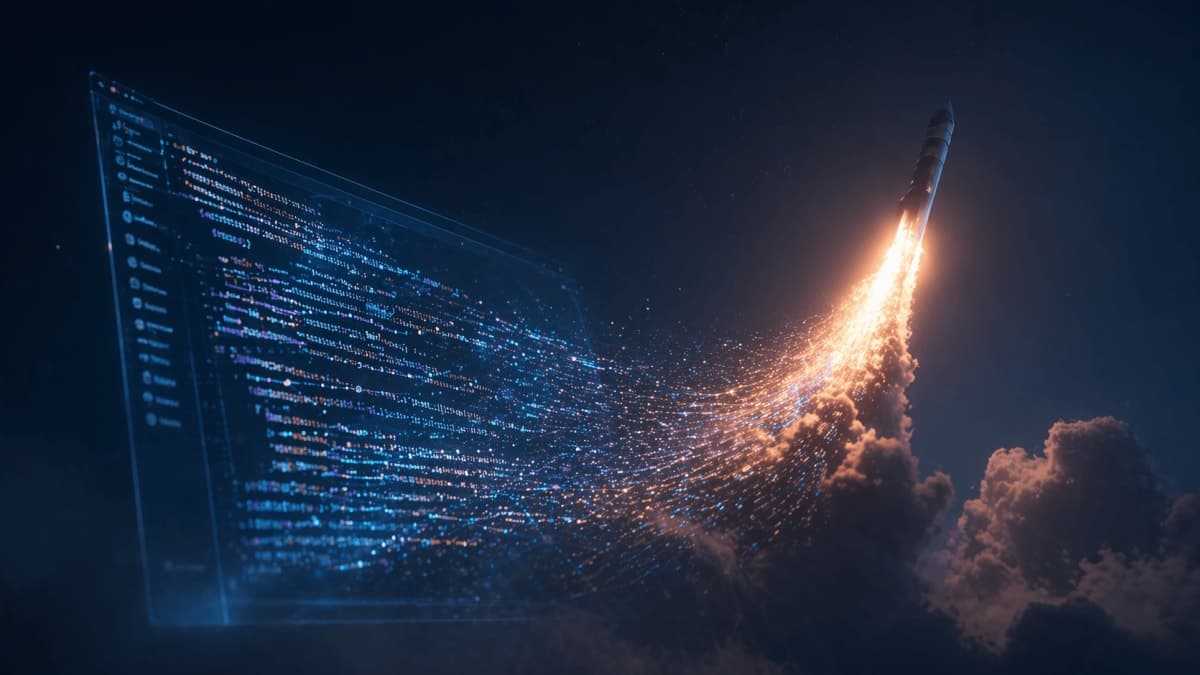 Code editor window and a rocket trajectory merging over a dark technical background, suggesting a partnership between a coding tool and a space company