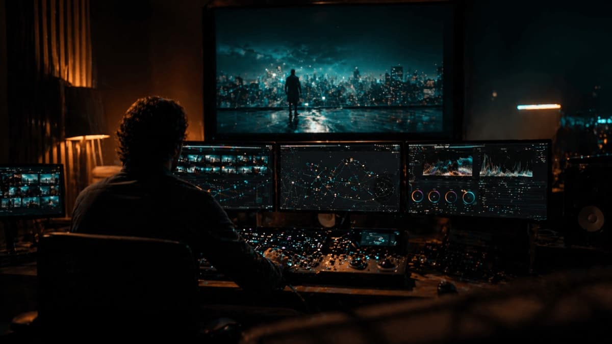 Ben Affleck on a darkened film set with post-production monitors showing color-grading software