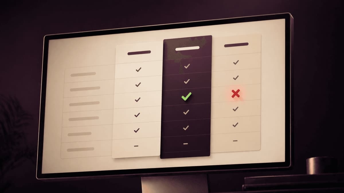Stylized software subscription pricing comparison table with a checkmark transforming into a red X next to a Pro plan tier